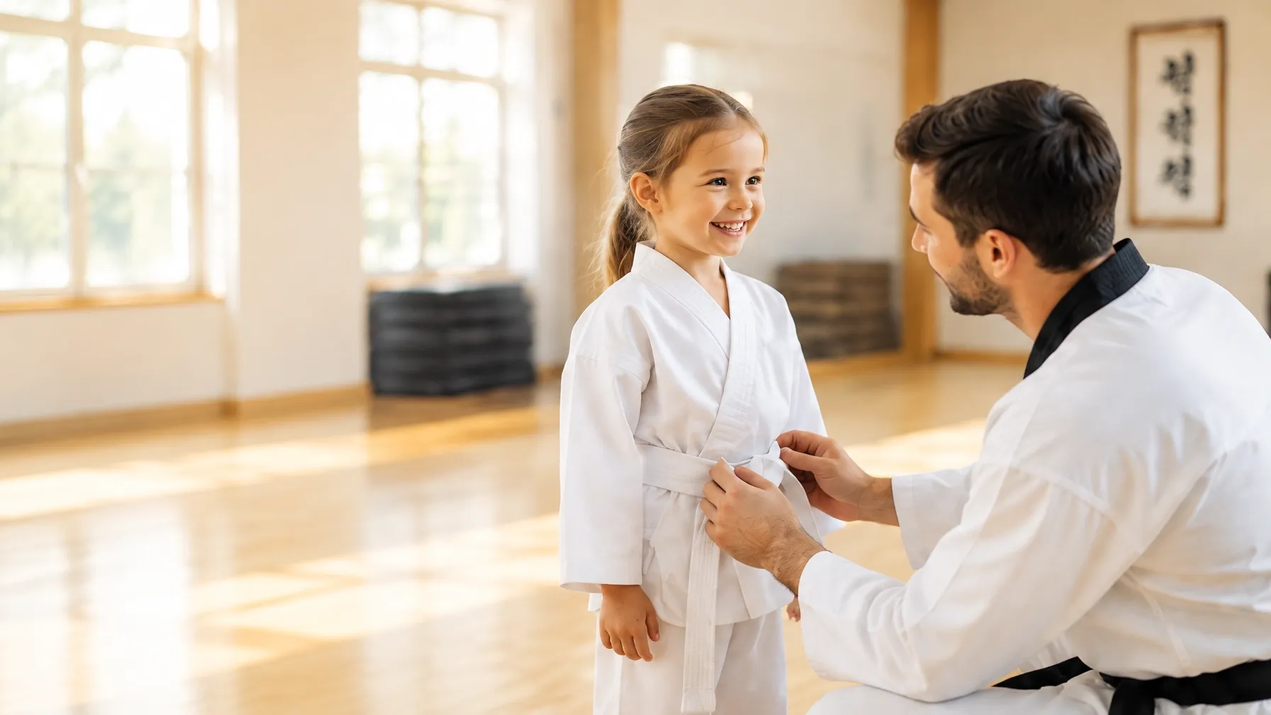 A young student smiles as her instructor helps her get ready for class
